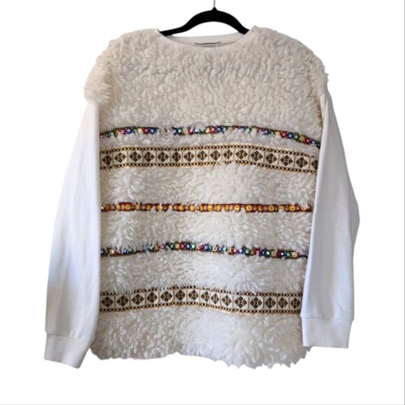 Zara Shaggy Sherpa Fleece Faux Fur Embellished Embroidered Street Sweater S - Picture 2 of 7